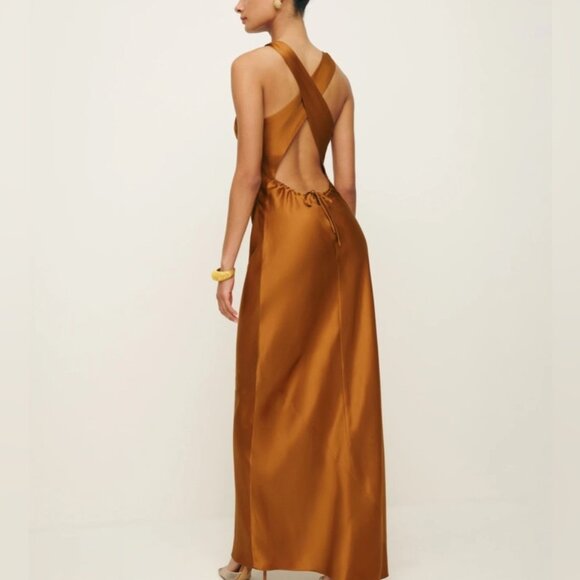 NEW Reformation Anaiis Silk Maxi Long Dress in Copper Brown | size 2 - Picture 4 of 11